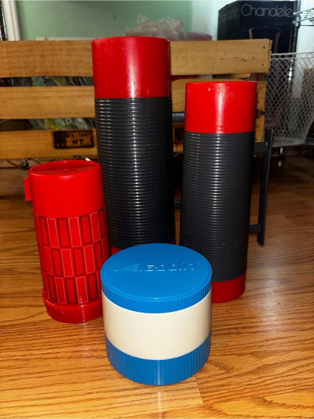 Retro Red & Black Insulated Thermos Set with Blue White Jar